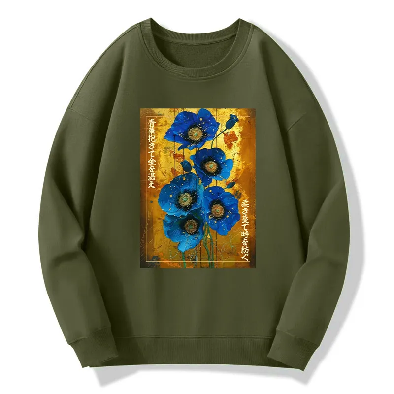 Tokyo-Tiger Shiny Blue Flower Warm Golden Background Classic Sweatshirt