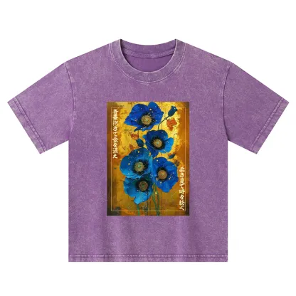 Tokyo-Tiger Shiny Blue Flower Warm Golden Background Kids Washed T-Shirt