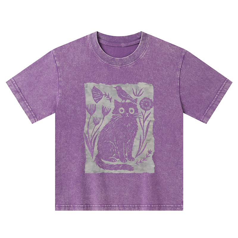 Tokyo-Tiger Folk Paper Cut Cat Bird Floral Art Kids Washed T-Shirt