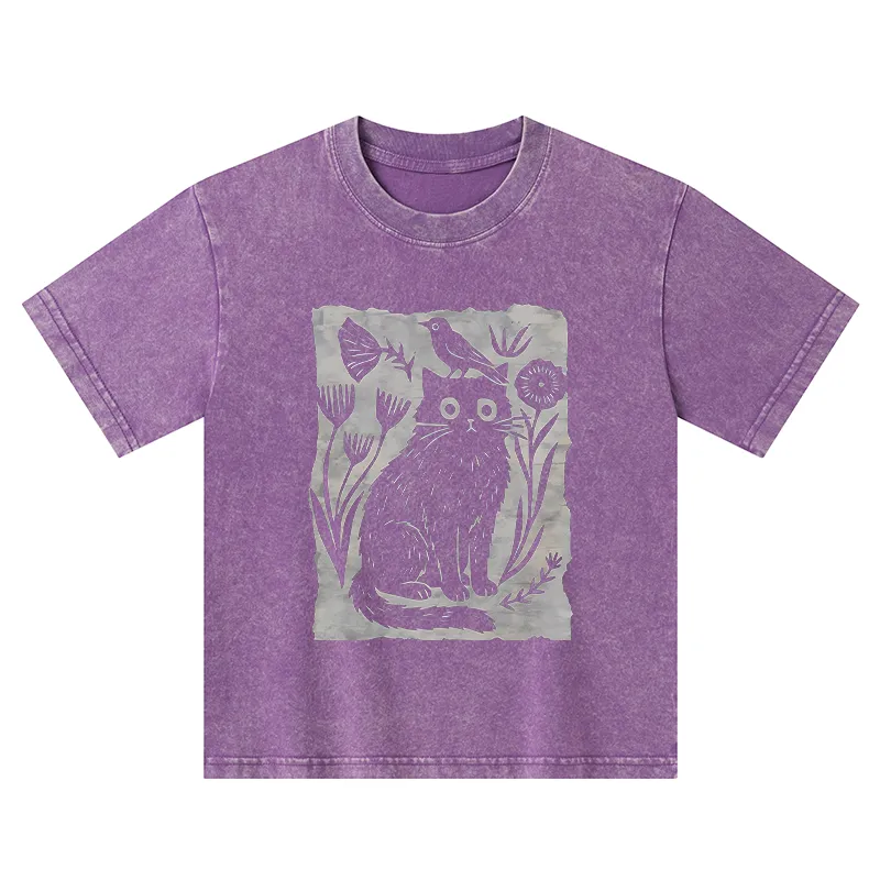 Tokyo-Tiger Folk Paper Cut Cat Bird Floral Art Kids Washed T-Shirt