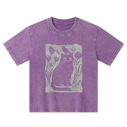 Tokyo-Tiger Folk Paper Cut Cat Bird Floral Art Kids Washed T-Shirt