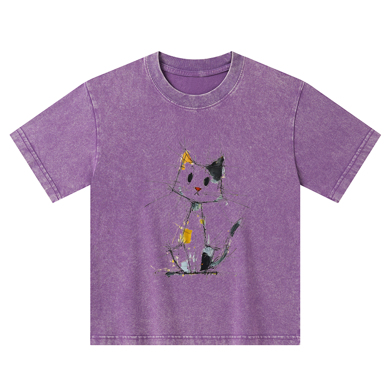 Tokyo-Tiger Minimal Splash Ink Cute Cat Kids Washed T-Shirt