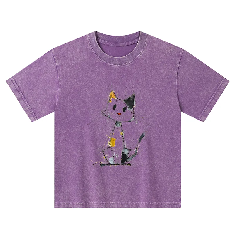 Tokyo-Tiger Minimal Splash Ink Cute Cat Kids Washed T-Shirt