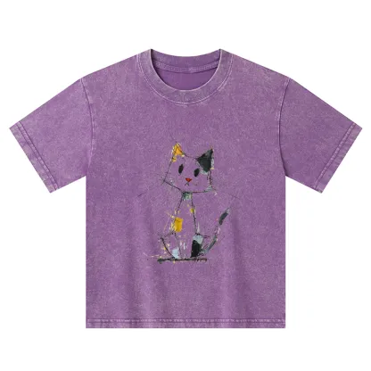 Tokyo-Tiger Minimal Splash Ink Cute Cat Kids Washed T-Shirt