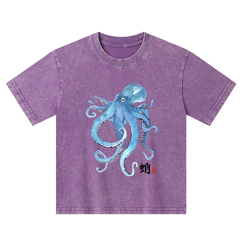 Tokyo-Tiger Watercolor Blue Octopus Kids Washed T-Shirt