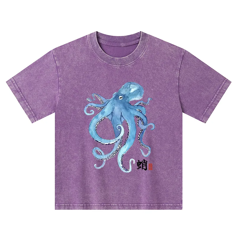 Tokyo-Tiger Watercolor Blue Octopus Kids Washed T-Shirt