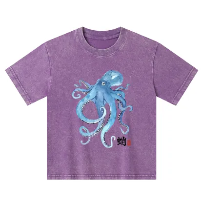 Tokyo-Tiger Watercolor Blue Octopus Kids Washed T-Shirt