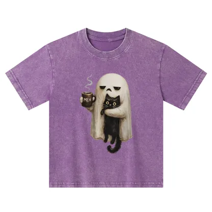 Tokyo-Tiger Ghost Cat Coffee Mood Kids Washed T-Shirt