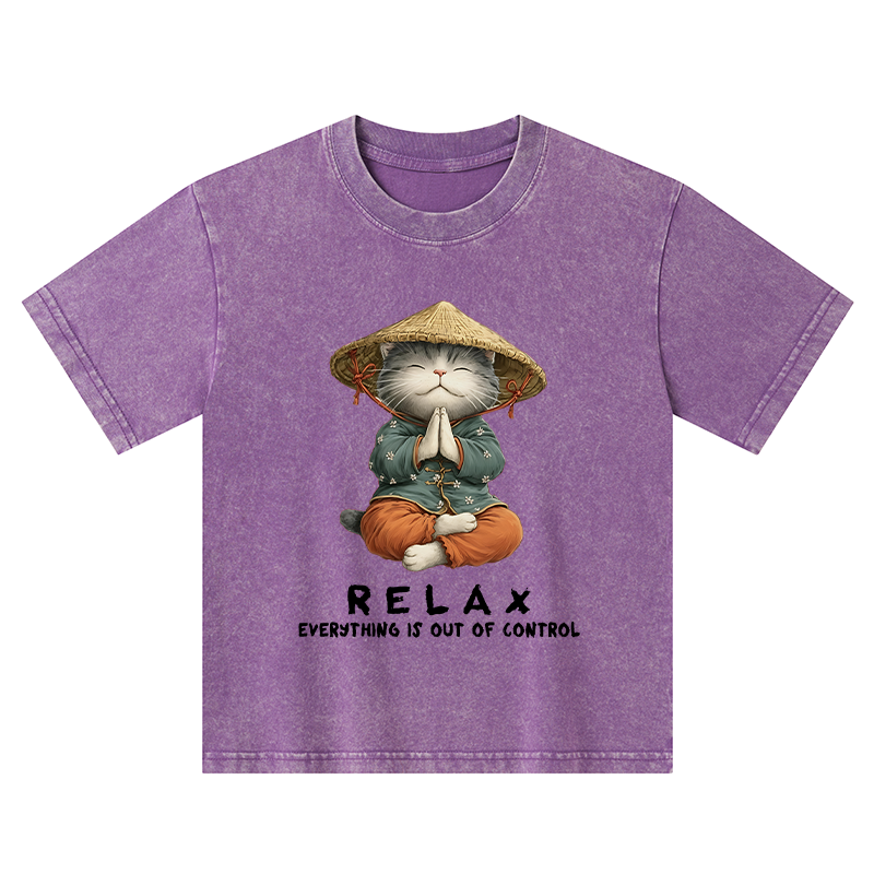 Tokyo-Tiger Zen Relax Cat Graphic Kids Washed T-Shirt