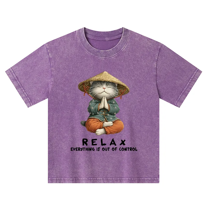 Tokyo-Tiger Zen Relax Cat Graphic Kids Washed T-Shirt