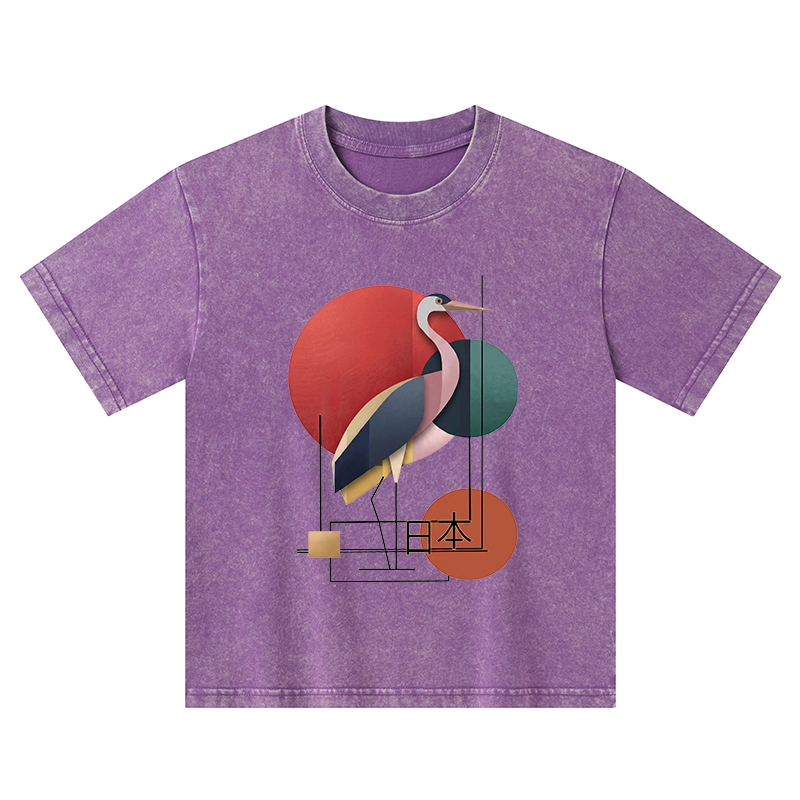 Tokyo-Tiger Geometric Crane Art Kids Washed T-Shirt