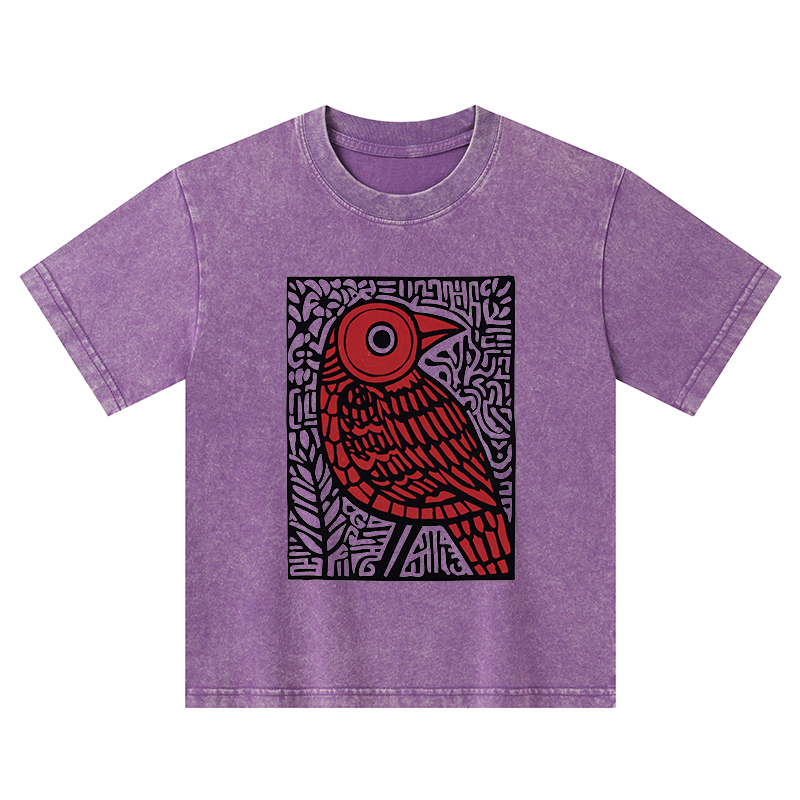 Tokyo-Tiger Retro Woodblock Bird Kids Washed T-Shirt