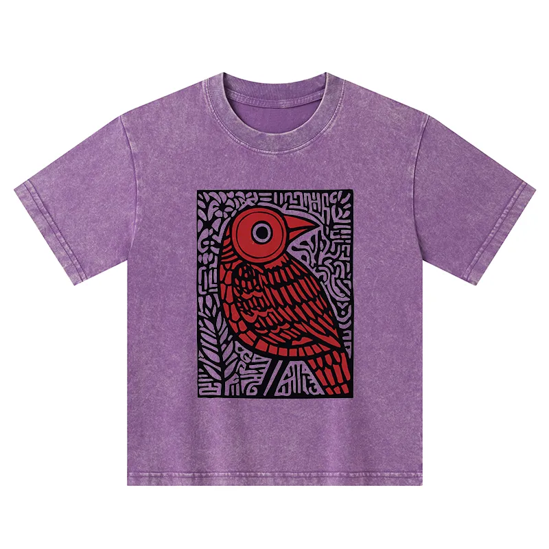 Tokyo-Tiger Retro Woodblock Bird Kids Washed T-Shirt