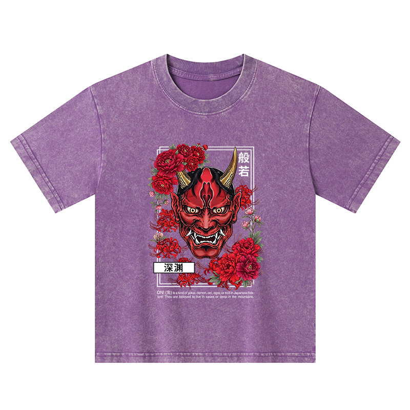 Tokyo-Tiger Cool Oni Floral Art Kids Washed T-Shirt