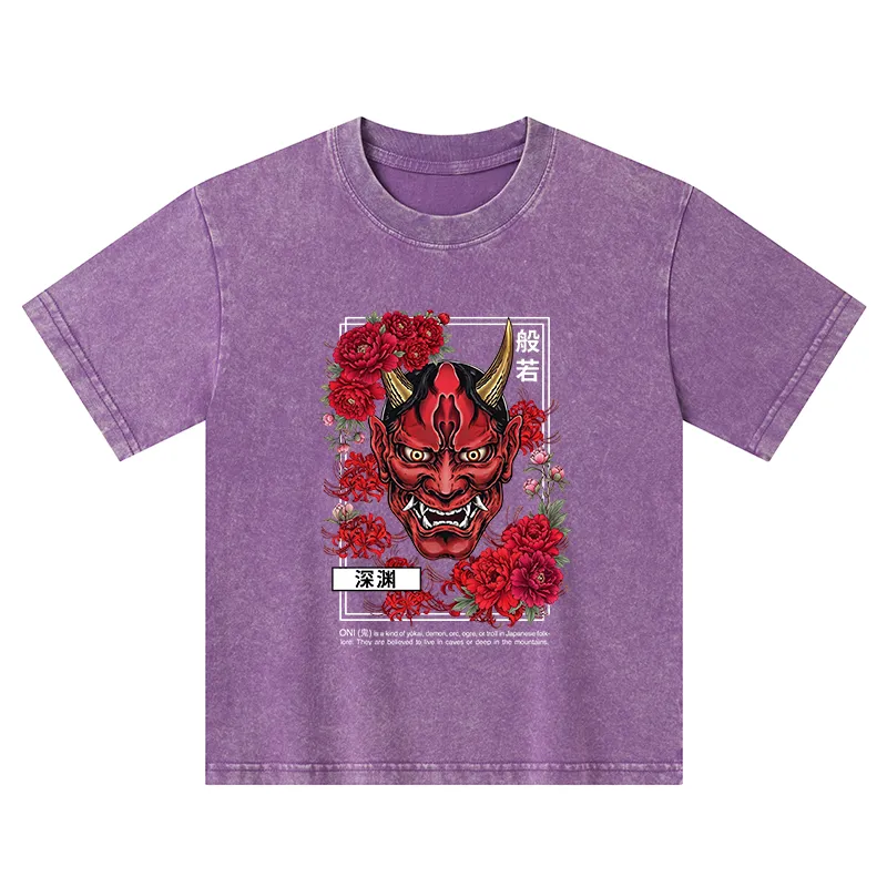 Tokyo-Tiger Cool Oni Floral Art Kids Washed T-Shirt