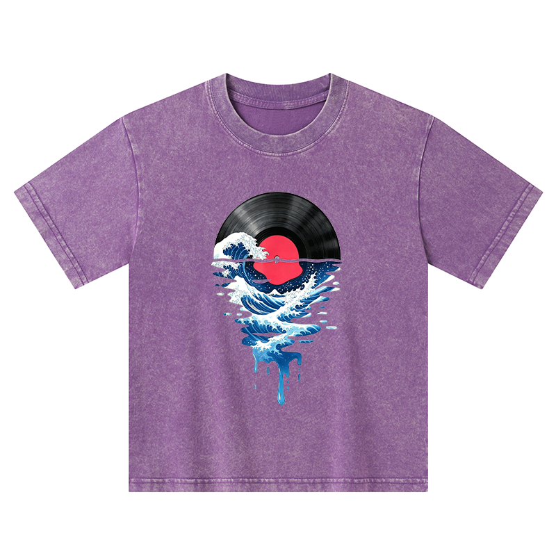 Tokyo-Tiger Vinyl Records And Waves Kids Washed T-Shirt