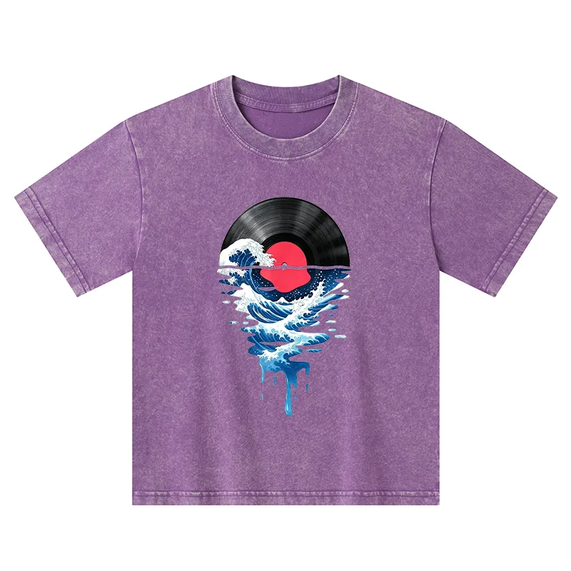 Tokyo-Tiger Vinyl Records And Waves Kids Washed T-Shirt