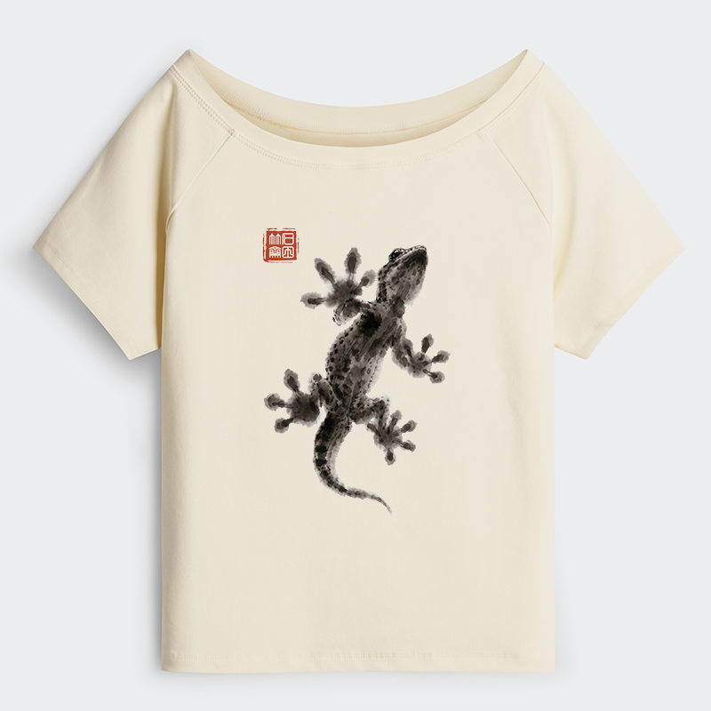 Tokyo-Tiger Minimal Asian Ink Brush Gecko Vibe Off Shoulder T-Shirt