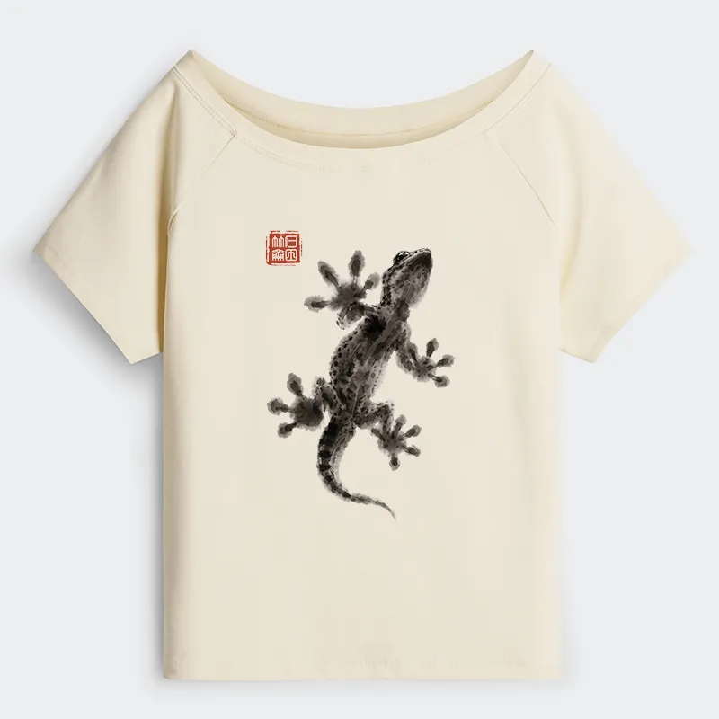 Tokyo-Tiger Minimal Asian Ink Brush Gecko Vibe Off Shoulder T-Shirt