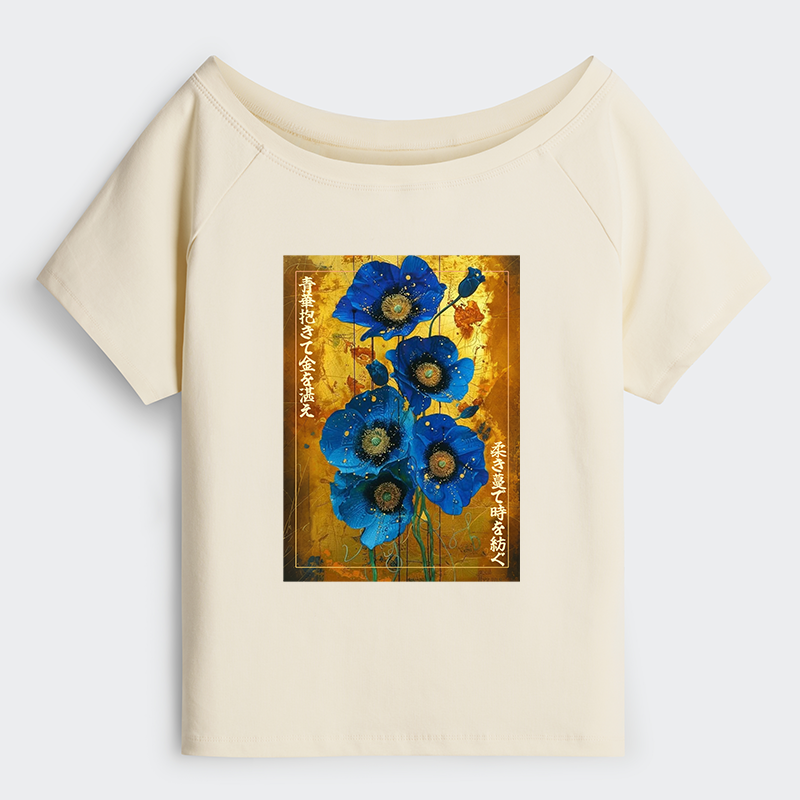 Tokyo-Tiger Shiny Blue Flower Warm Golden Background Off Shoulder T-Shirt