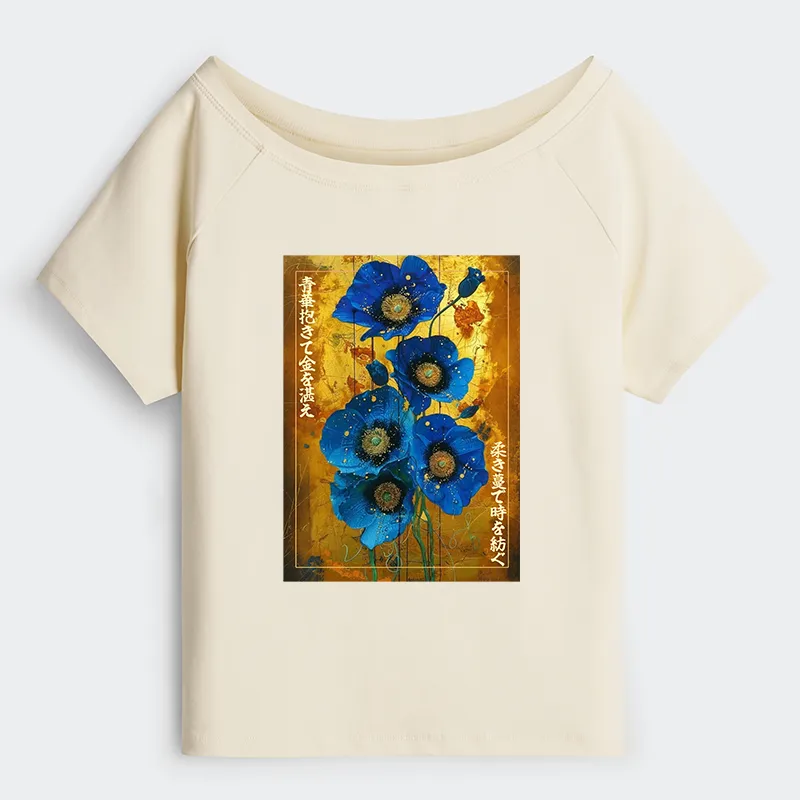 Tokyo-Tiger Shiny Blue Flower Warm Golden Background Off Shoulder T-Shirt
