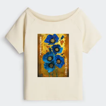 Tokyo-Tiger Shiny Blue Flower Warm Golden Background Off Shoulder T-Shirt