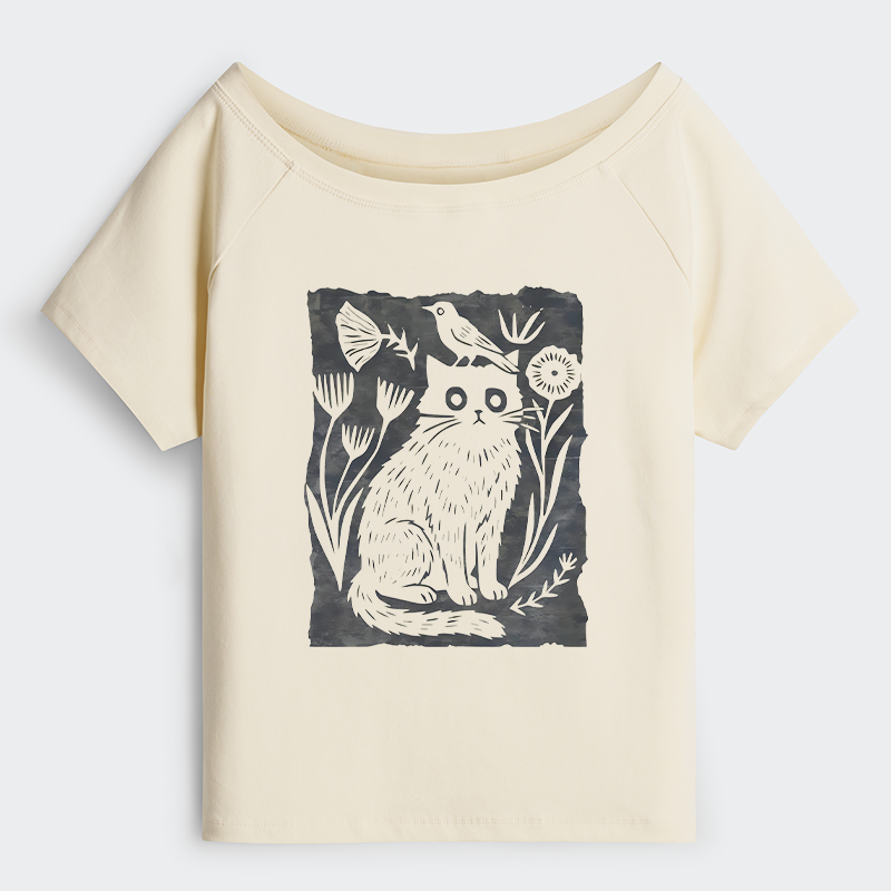 Tokyo-Tiger Folk Paper Cut Cat Bird Floral Art Off Shoulder T-Shirt