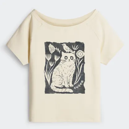 Tokyo-Tiger Folk Paper Cut Cat Bird Floral Art Off Shoulder T-Shirt