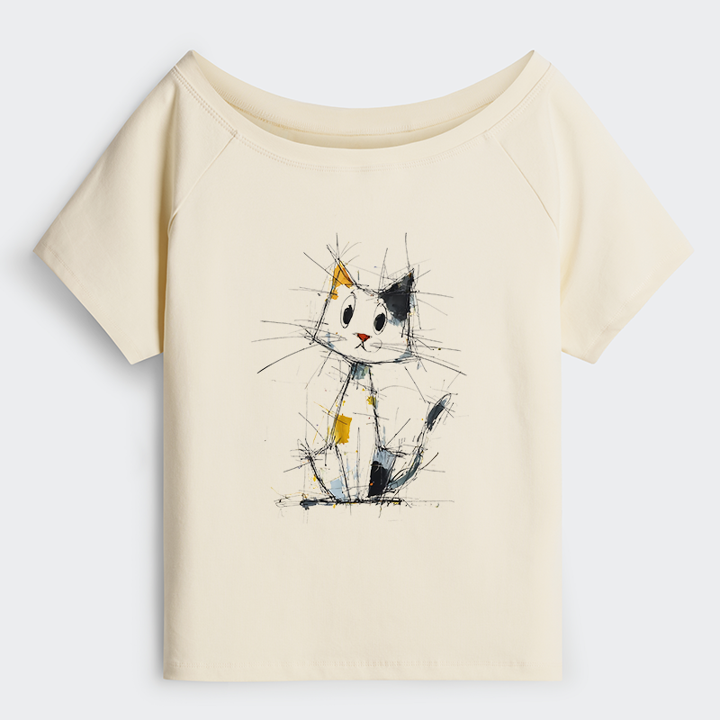 Tokyo-Tiger Minimal Splash Ink Cute Cat Off Shoulder T-Shirt