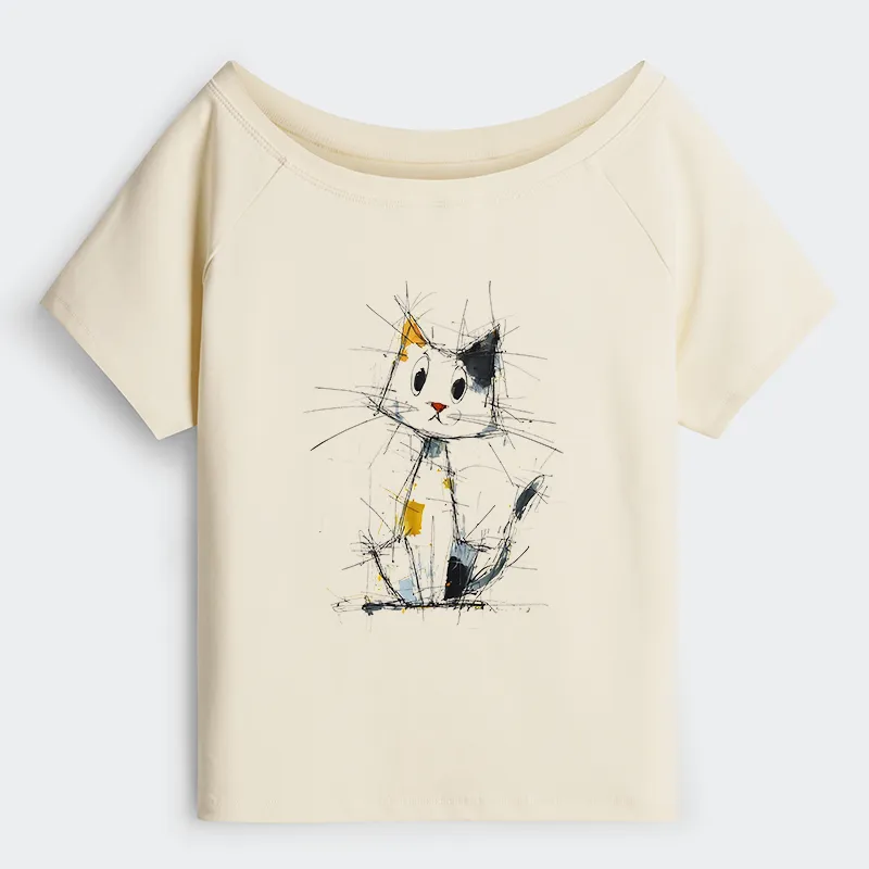 Tokyo-Tiger Minimal Splash Ink Cute Cat Off Shoulder T-Shirt Sale