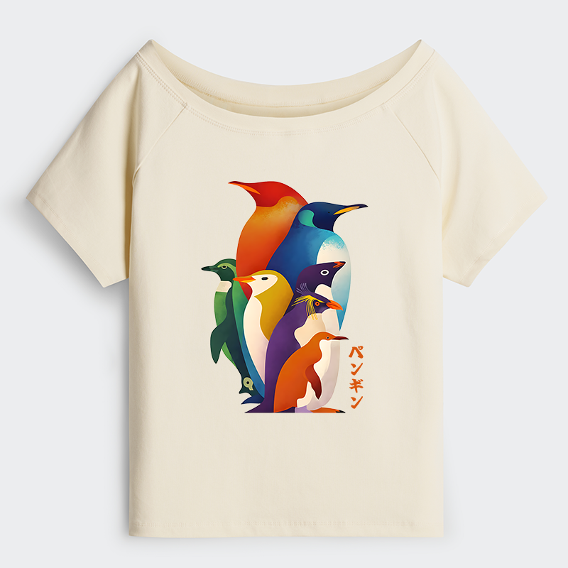 Tokyo-Tiger Cute Multi Tone Penguins Off Shoulder T-Shirt