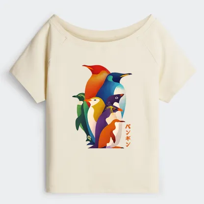 Tokyo-Tiger Cute Multi Tone Penguins Off Shoulder T-Shirt