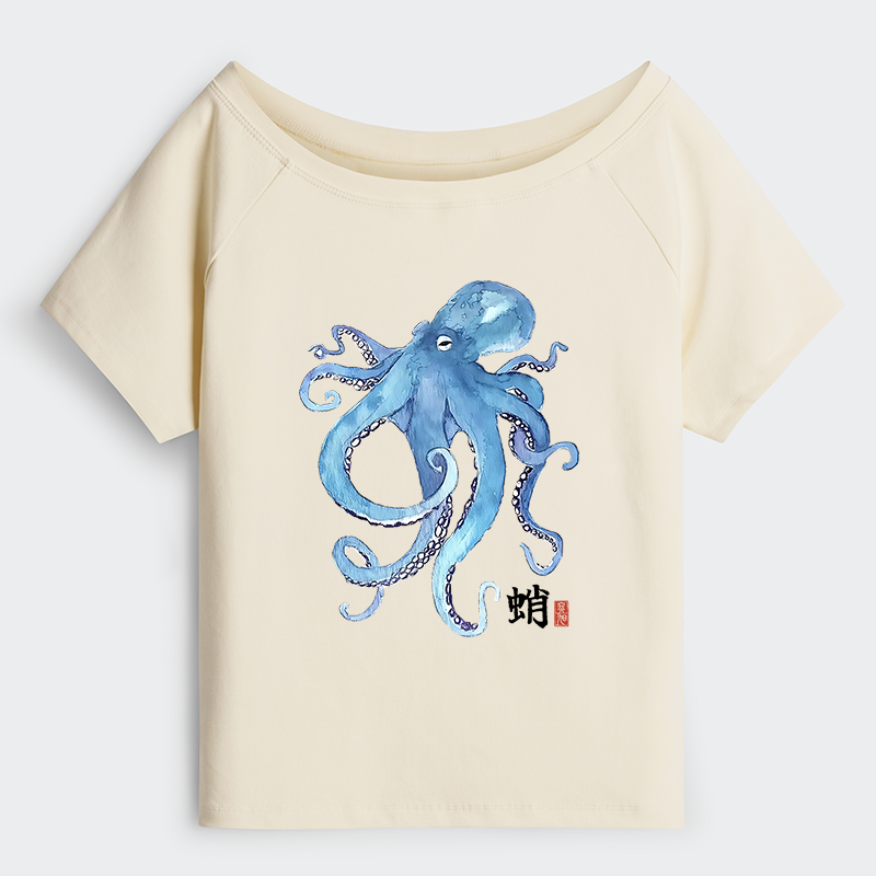 Tokyo-Tiger Watercolor Blue Octopus Off Shoulder T-Shirt
