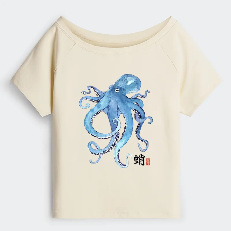 Tokyo-Tiger Watercolor Blue Octopus Off Shoulder T-Shirt