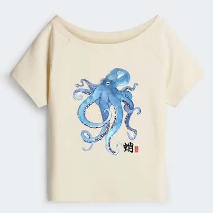 Tokyo-Tiger Watercolor Blue Octopus Off Shoulder T-Shirt