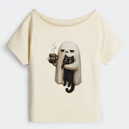 Tokyo-Tiger Ghost Cat Coffee Mood Off Shoulder T-Shirt