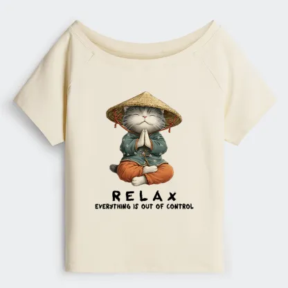 Tokyo-Tiger Zen Relax Cat Graphic Off Shoulder T-Shirt