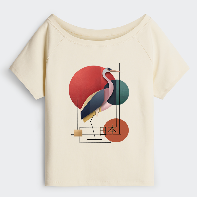Tokyo-Tiger Geometric Crane Art Off Shoulder T-Shirt