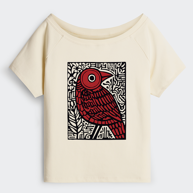 Tokyo-Tiger Retro Woodblock Bird Off Shoulder T-Shirt
