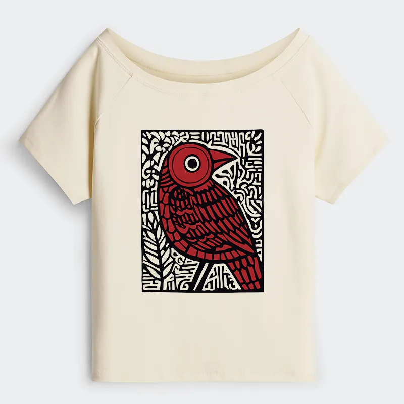 Tokyo-Tiger Retro Woodblock Bird Off Shoulder T-Shirt