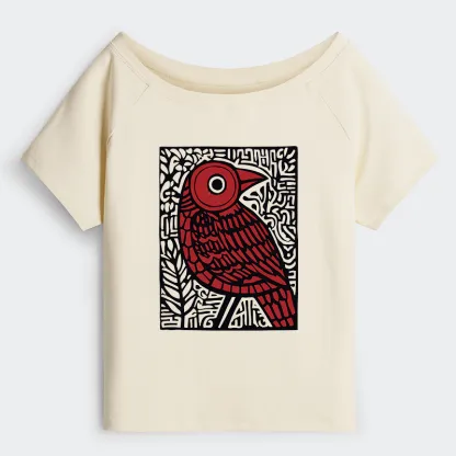 Tokyo-Tiger Retro Woodblock Bird Off Shoulder T-Shirt