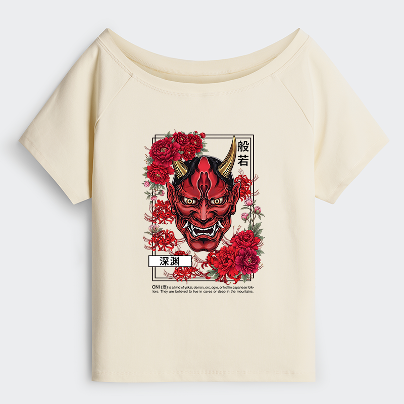 Tokyo-Tiger Cool Oni Floral Art Off Shoulder T-Shirt