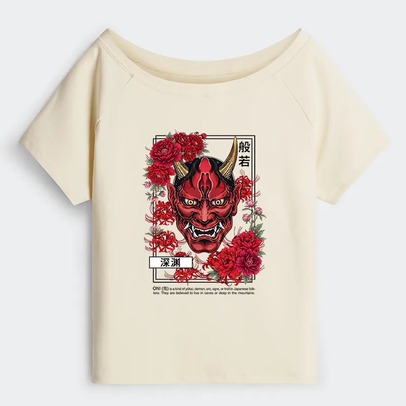 Tokyo-Tiger Cool Oni Floral Art Off Shoulder T-Shirt