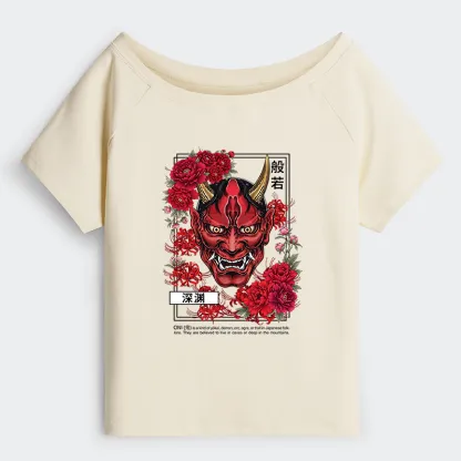 Tokyo-Tiger Cool Oni Floral Art Off Shoulder T-Shirt