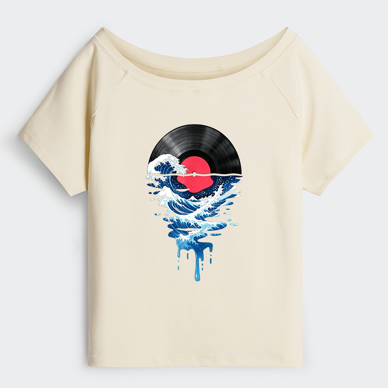 Tokyo-Tiger Vinyl Records And Waves Off Shoulder T-Shirt