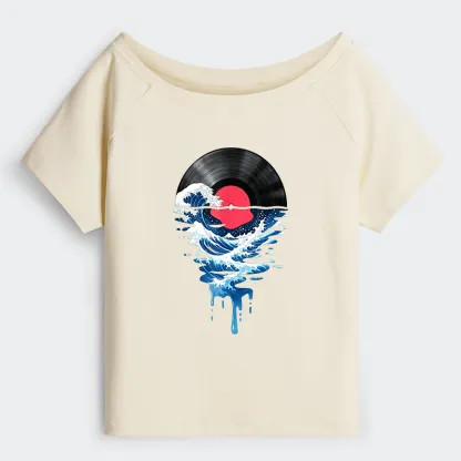 Tokyo-Tiger Vinyl Records And Waves Off Shoulder T-Shirt