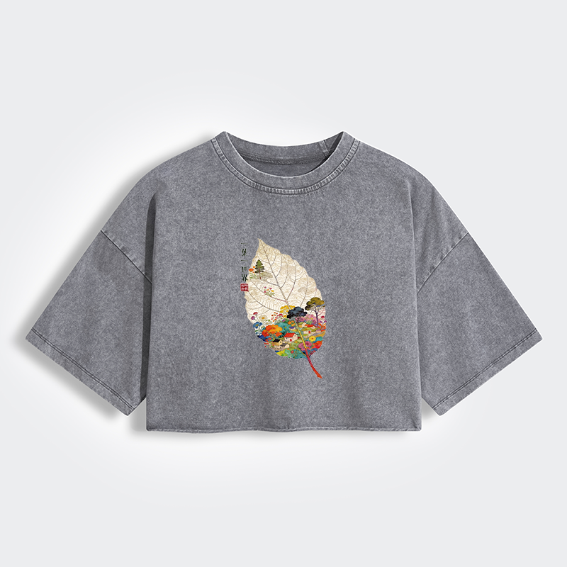 Tokyo-Tiger One Leaf Holds A Tiny Colorful World Women's Washed Crop T-Shirt