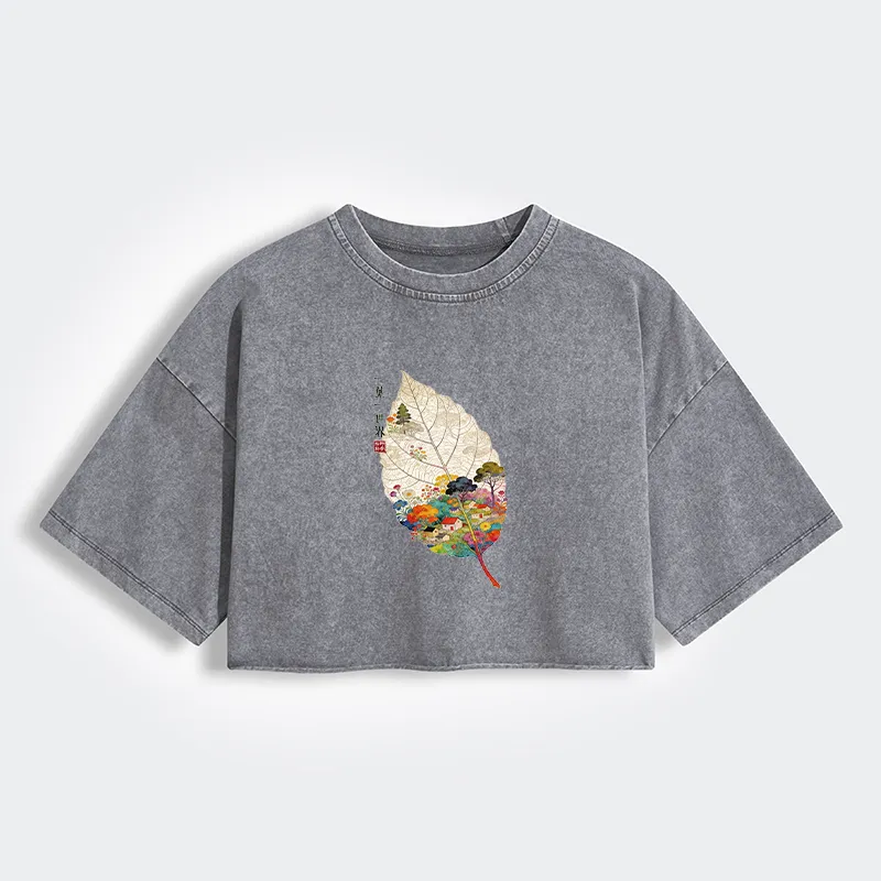 Tokyo-Tiger One Leaf Holds A Tiny Colorful World Women's Washed Crop T-Shirt Sale