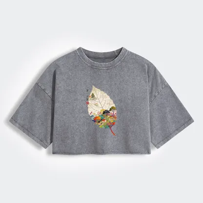 Tokyo-Tiger One Leaf Holds A Tiny Colorful World Women's Washed Crop T-Shirt