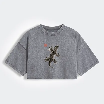 Tokyo-Tiger Minimal Asian Ink Brush Gecko Vibe Women's Washed Crop T-Shirt